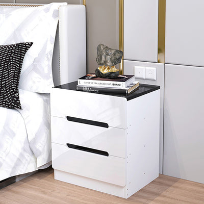 Mesa de noche de cubo cuadrado minimalista moderno de tablero artificial con 3 cajones para dormitorio 