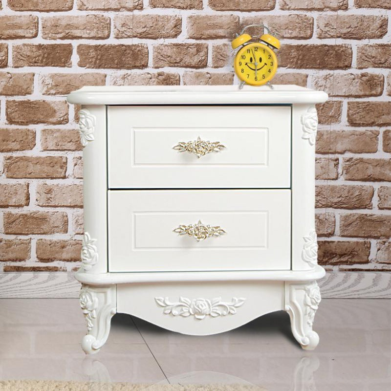 Mesita de noche de madera maciza PE con tablero artificial de cubo cuadrado europeo tradicional con 2 cajones para dormitorio 