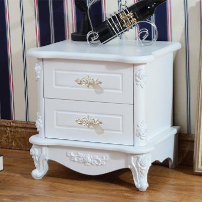 Mesita de noche de madera maciza PE con tablero artificial de cubo cuadrado europeo tradicional con 2 cajones para dormitorio 