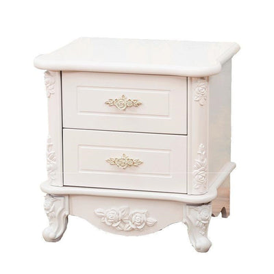 Mesita de noche de madera maciza PE con tablero artificial de cubo cuadrado europeo tradicional con 2 cajones para dormitorio 