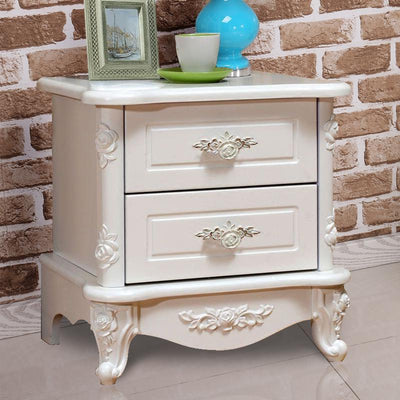 Mesita de noche de madera maciza PE con tablero artificial de cubo cuadrado europeo tradicional con 2 cajones para dormitorio 