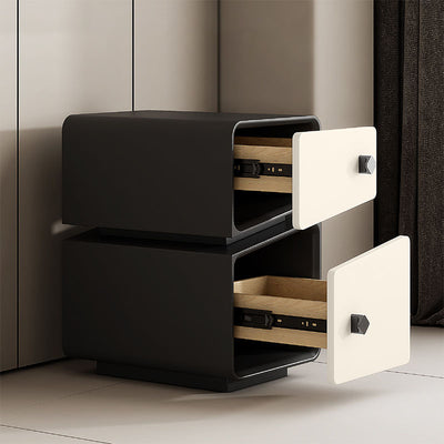 Table de nuit contemporaine scandinave en cuir microfibre carré cube bois massif planche multicouche 2 tiroirs pour chambre 