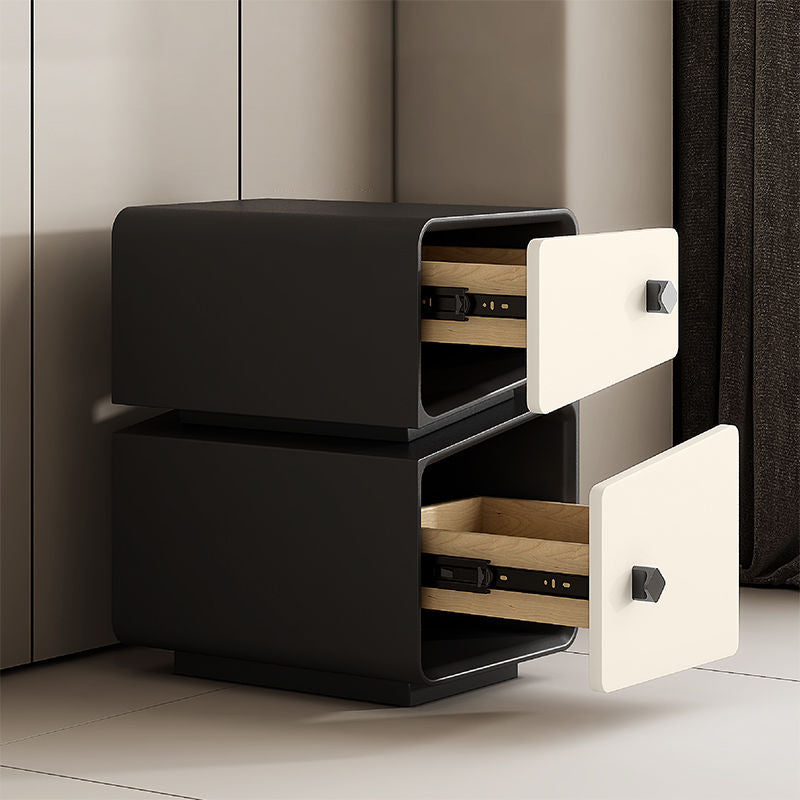 Table de nuit contemporaine scandinave en cuir microfibre carré cube bois massif planche multicouche 2 tiroirs pour chambre 