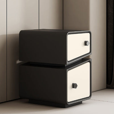Table de nuit contemporaine scandinave en cuir microfibre carré cube bois massif planche multicouche 2 tiroirs pour chambre 