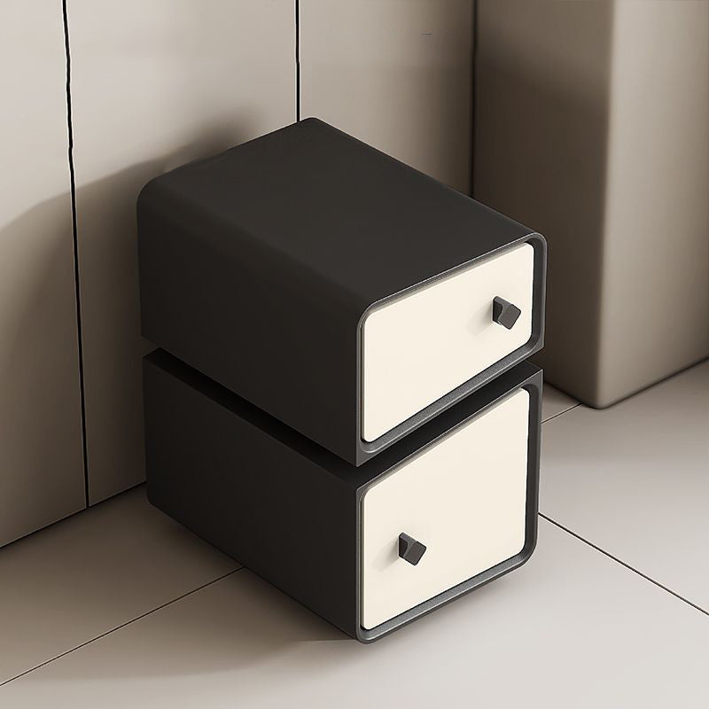Table de nuit contemporaine scandinave en cuir microfibre carré cube bois massif planche multicouche 2 tiroirs pour chambre 