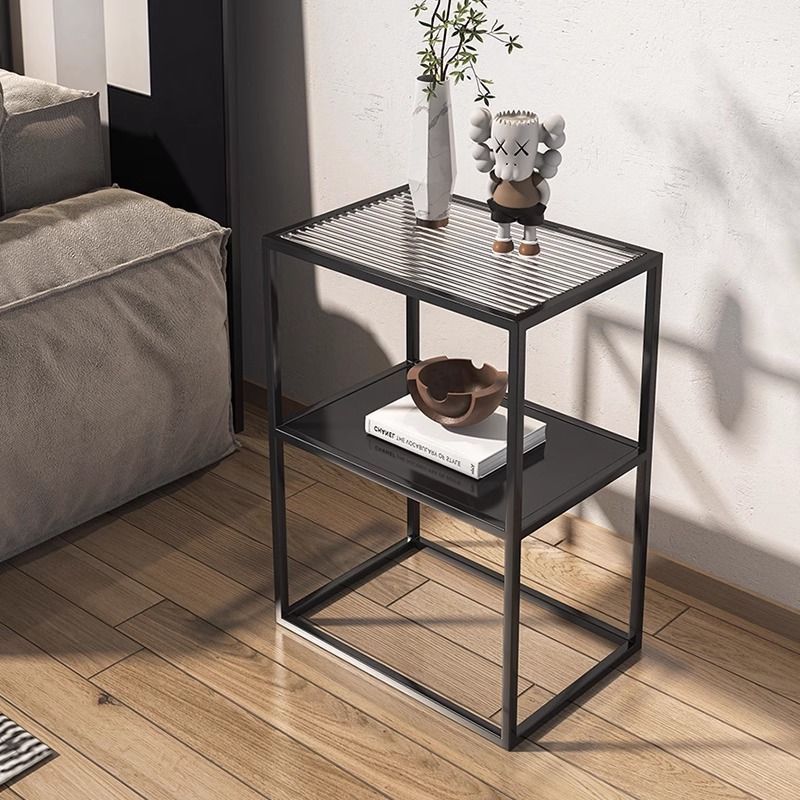 Modern Minimalist Rectangular Iron Glass End Table 2-Tier For Living Room