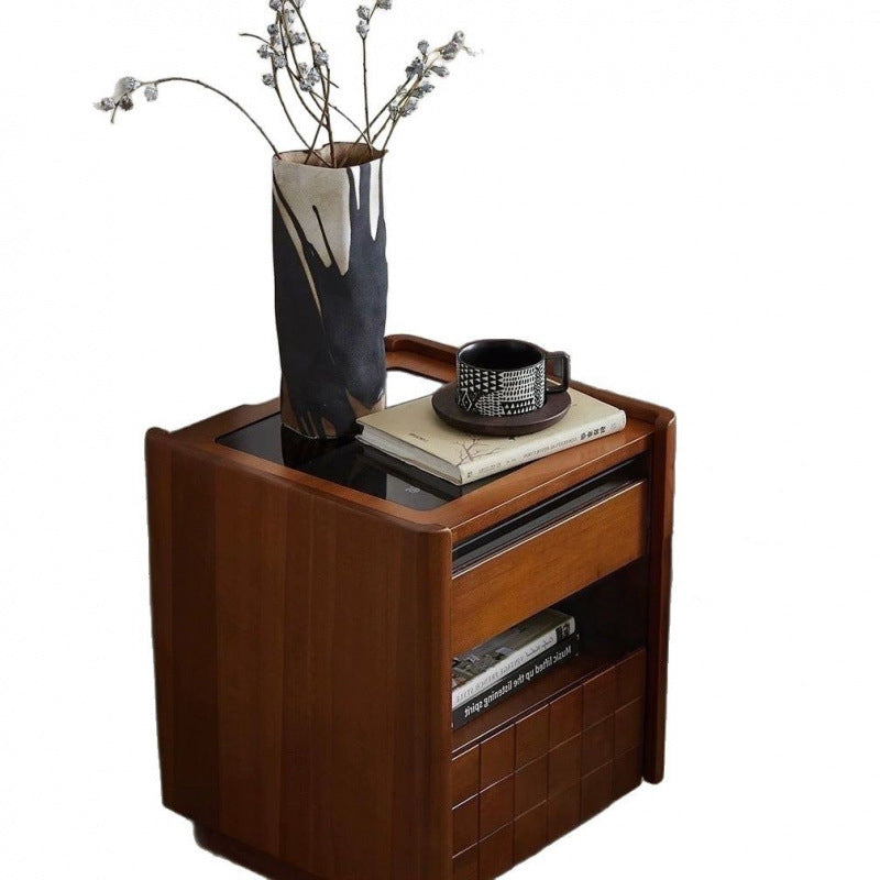 Traditional Vintage Checkered Pine Wood Glass Nightstand 2 -Drawer For Bedroom