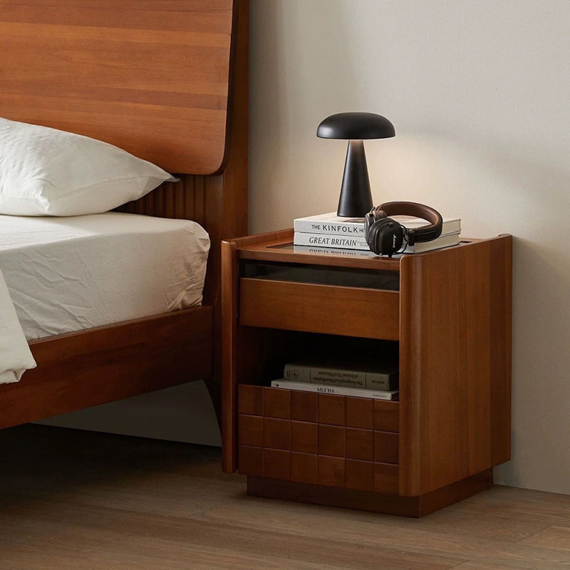 Traditional Vintage Checkered Pine Wood Glass Nightstand 2 -Drawer For Bedroom