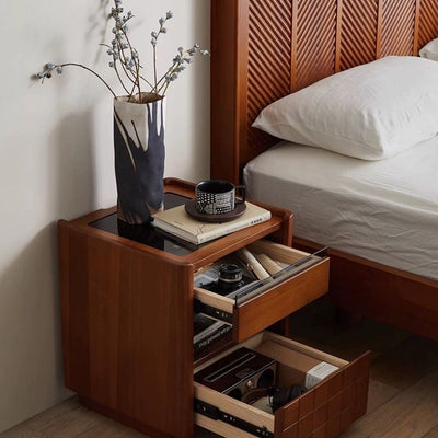 Traditional Vintage Checkered Pine Wood Glass Nightstand 2 -Drawer For Bedroom