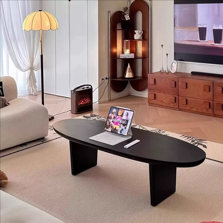 Table basse ovale scandinave contemporaine en pin à 2 pieds pour salon 