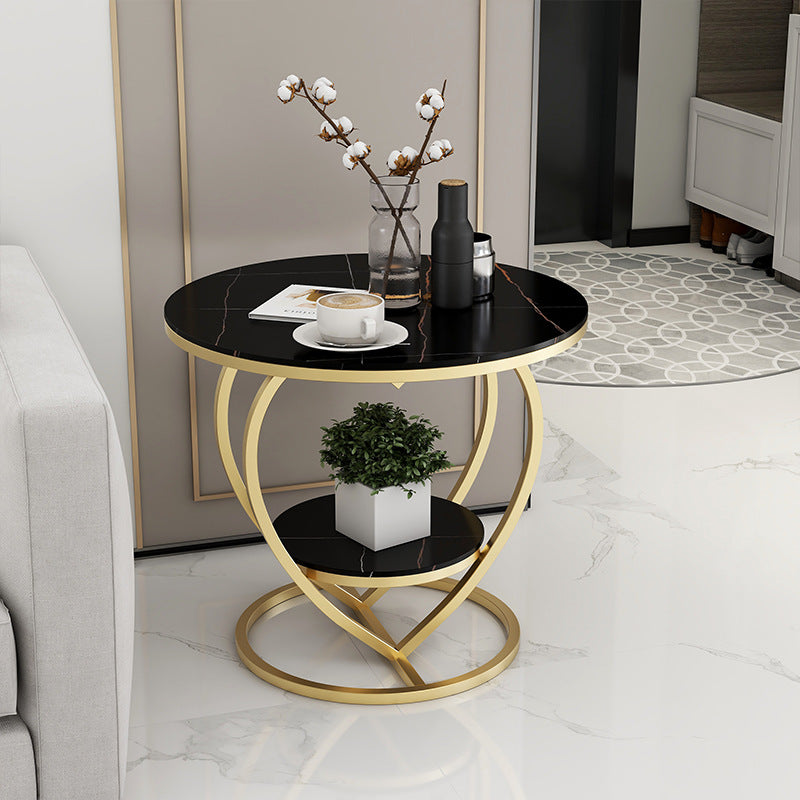 Contemporary Creative Round Heart Shaped Iron Rock Slab Side Table 2 - Tier For Living Room