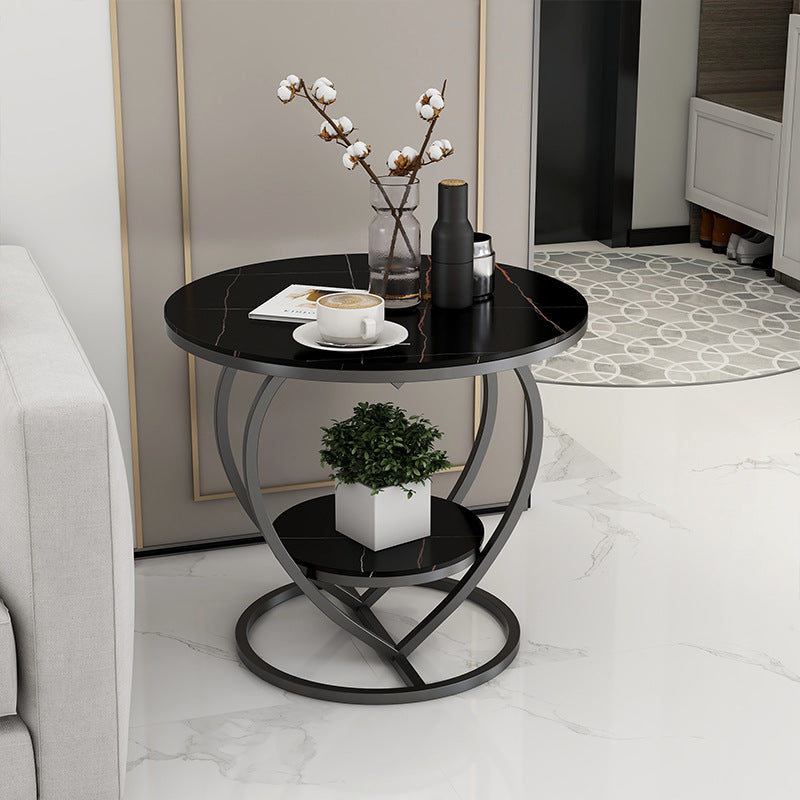 Contemporary Creative Round Heart Shaped Iron Rock Slab Side Table 2 - Tier For Living Room
