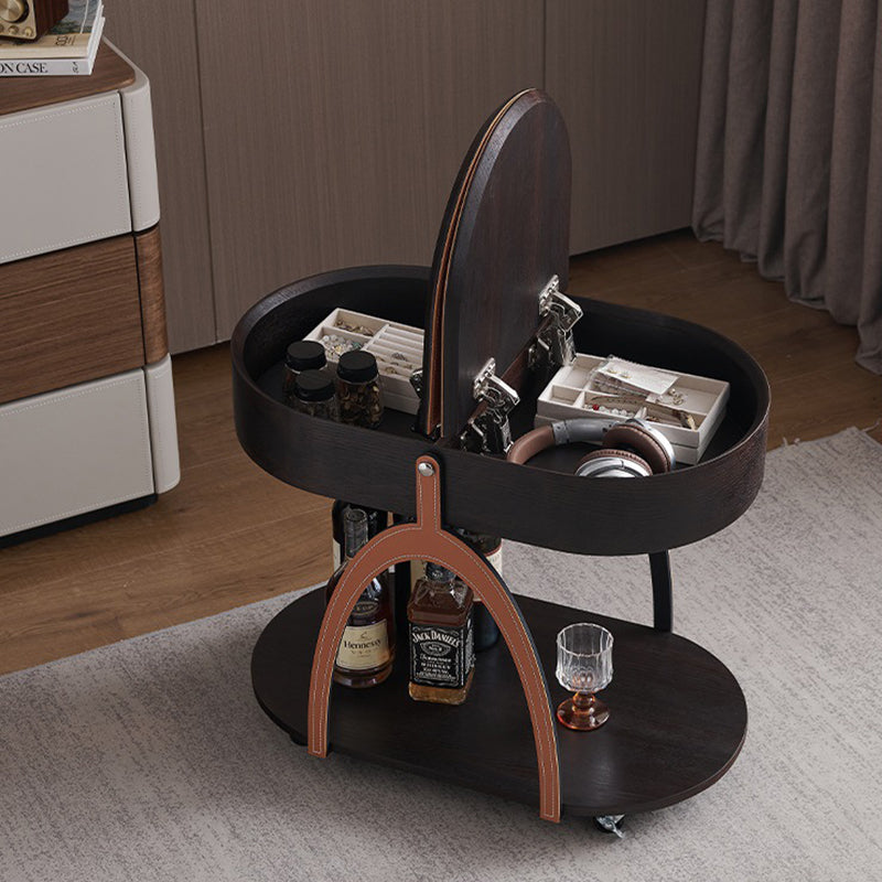 Traditional Vintage Movable Oval Solid Wood Hardware Synthetic Leather Side Table 2-Tier For Living Room