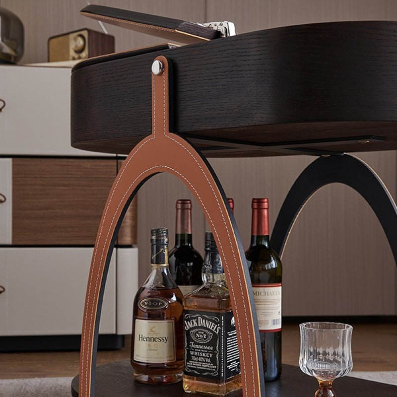 Traditional Vintage Movable Oval Solid Wood Hardware Synthetic Leather Side Table 2-Tier For Living Room