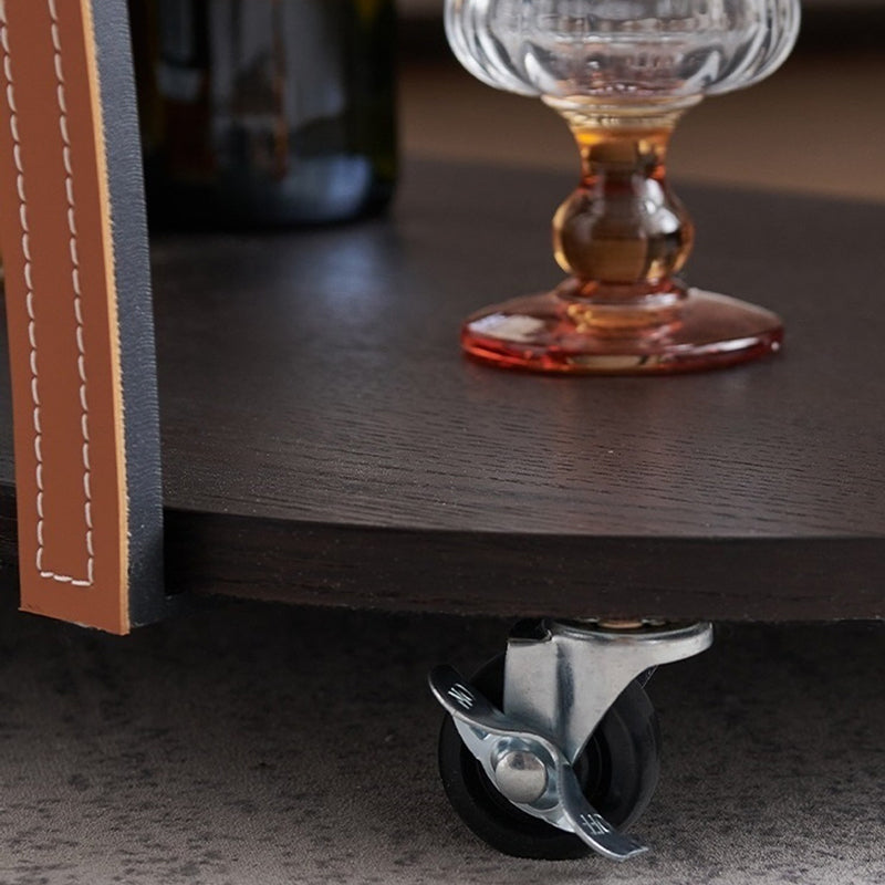 Traditional Vintage Movable Oval Solid Wood Hardware Synthetic Leather Side Table 2-Tier For Living Room