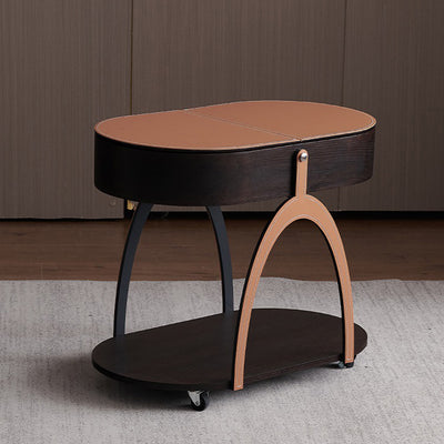 Traditional Vintage Movable Oval Solid Wood Hardware Synthetic Leather Side Table 2-Tier For Living Room