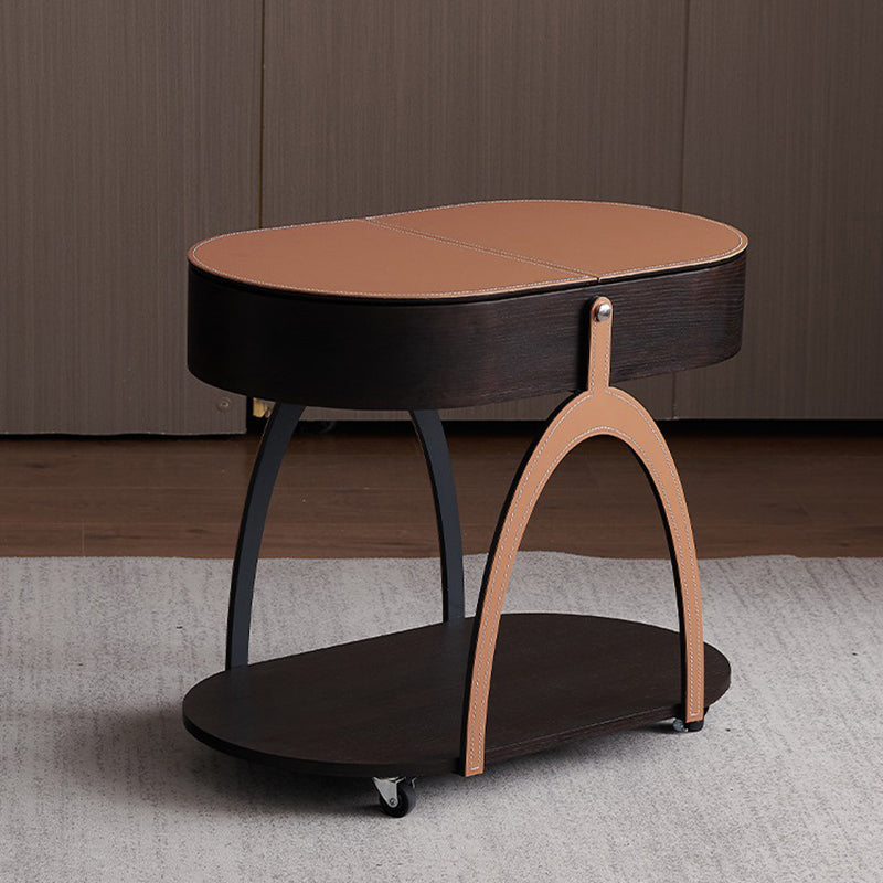Traditional Vintage Movable Oval Solid Wood Hardware Synthetic Leather Side Table 2-Tier For Living Room