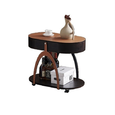 Traditional Vintage Movable Oval Solid Wood Hardware Synthetic Leather Side Table 2-Tier For Living Room