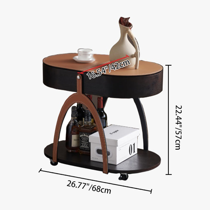 Klassischer beweglicher ovaler Beistelltisch aus MDF, Karbonstahl und Kunstsattelleder mit 2 Ebenen für das Wohnzimmer 