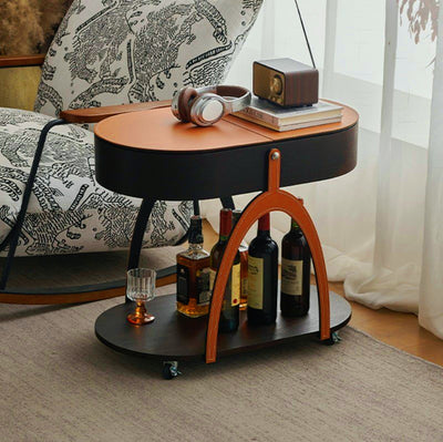 Traditional Vintage Movable Oval Solid Wood Hardware Synthetic Leather Side Table 2-Tier For Living Room