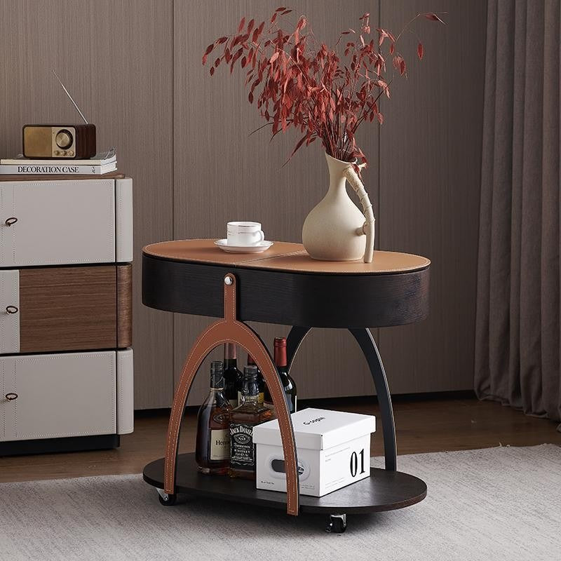 Traditional Vintage Movable Oval Solid Wood Hardware Synthetic Leather Side Table 2-Tier For Living Room