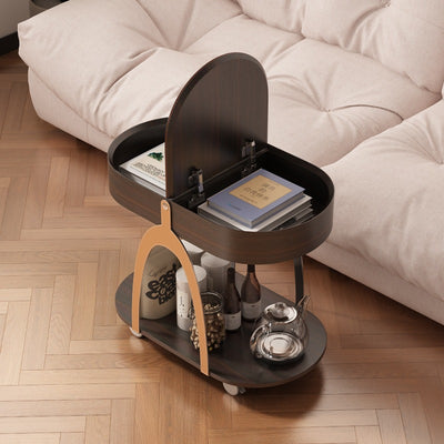 Traditional Vintage Movable Oval Solid Wood Hardware Synthetic Leather Side Table 2-Tier For Living Room