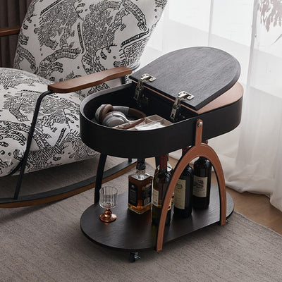 Traditional Vintage Movable Oval Solid Wood Hardware Synthetic Leather Side Table 2-Tier For Living Room
