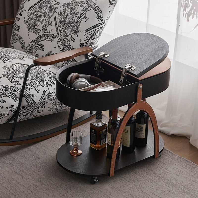 Traditional Vintage Movable Oval Solid Wood Hardware Synthetic Leather Side Table 2-Tier For Living Room