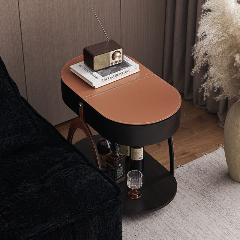Traditional Vintage Movable Oval Solid Wood Hardware Synthetic Leather Side Table 2-Tier For Living Room