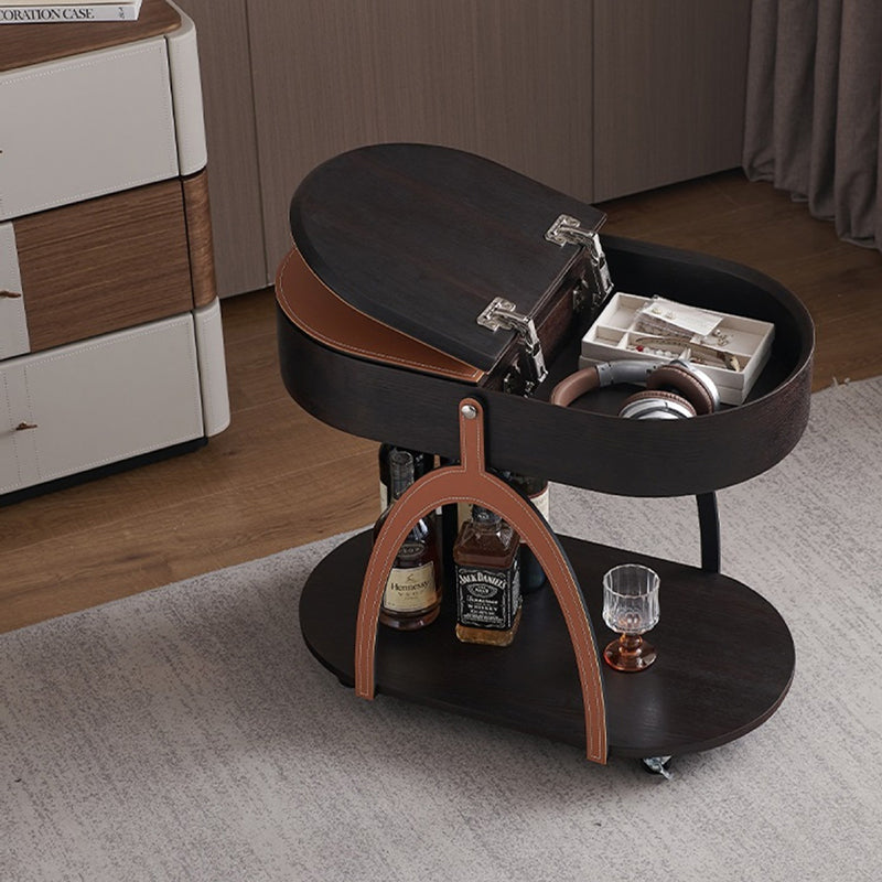 Traditional Vintage Movable Oval Solid Wood Hardware Synthetic Leather Side Table 2-Tier For Living Room