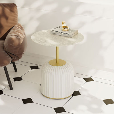 Contemporary Nordic Cylindrical Round PU Leather Glass Metal End Table 1-Tier For Living Room