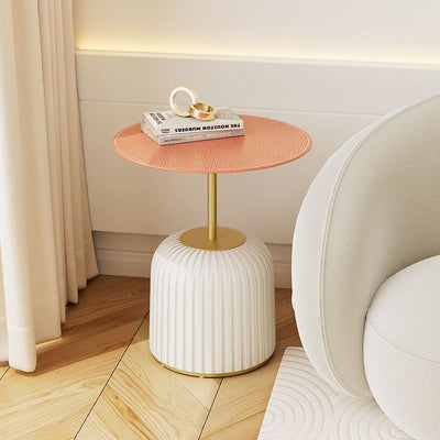 Contemporary Nordic Cylindrical Round PU Leather Glass Metal End Table 1-Tier For Living Room