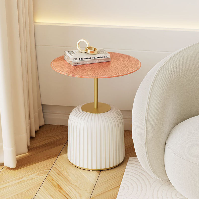 Contemporary Nordic Cylindrical Round PU Leather Glass Metal End Table 1-Tier For Living Room