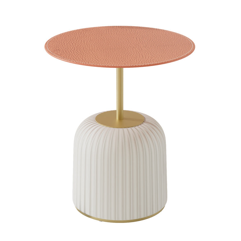 Contemporary Nordic Cylindrical Round PU Leather Glass Metal End Table 1-Tier For Living Room