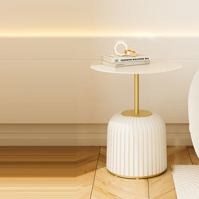 Contemporary Nordic Cylindrical Round PU Leather Glass Metal End Table 1-Tier For Living Room