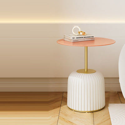 Contemporary Nordic Cylindrical Round PU Leather Glass Metal End Table 1-Tier For Living Room