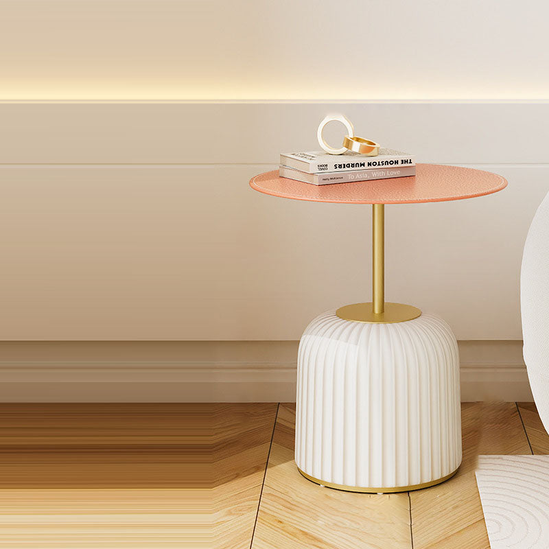 Contemporary Nordic Cylindrical Round PU Leather Glass Metal End Table 1-Tier For Living Room
