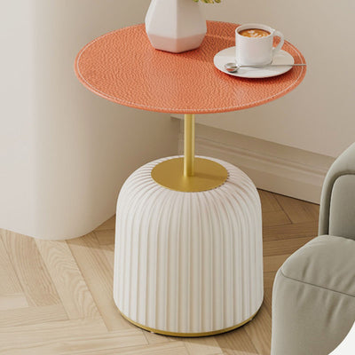 Contemporary Nordic Cylindrical Round PU Leather Glass Metal End Table 1-Tier For Living Room