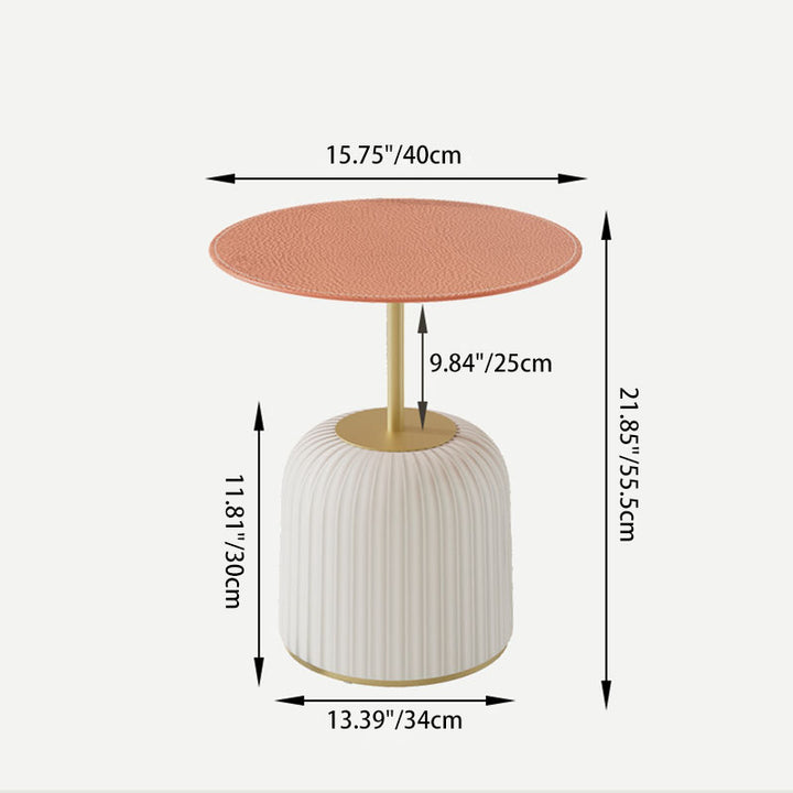 Zeitgenössischer nordischer zylindrischer runder PU-Leder-Glas-Metall-Endtisch 1-stufig für das Wohnzimmer 