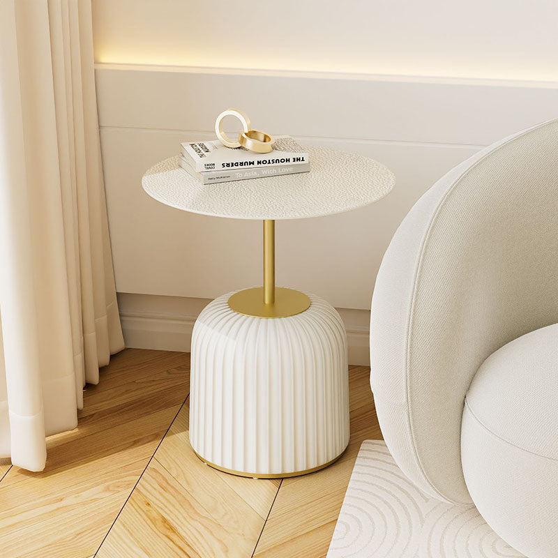 Contemporary Nordic Cylindrical Round PU Leather Glass Metal End Table 1-Tier For Living Room