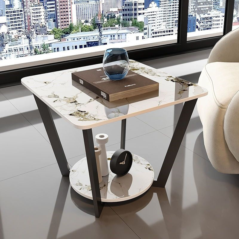 Contemporary Nordic Round Square Iron Rock Slab Side Table 2-Tier For Living Room