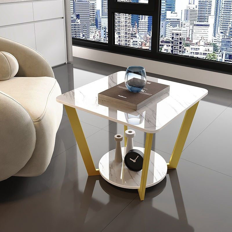 Contemporary Nordic Round Square Iron Rock Slab Side Table 2-Tier For Living Room