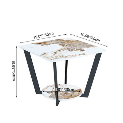 Contemporary Nordic Round Square Iron Rock Slab Side Table 2-Tier For Living Room
