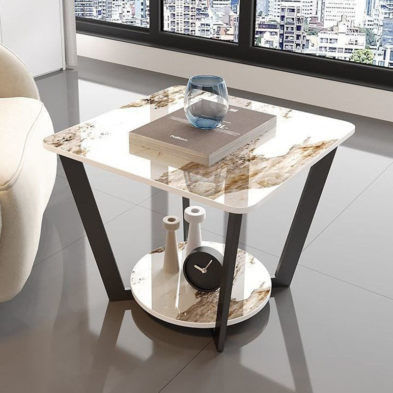 Contemporary Nordic Round Square Iron Rock Slab Side Table 2-Tier For Living Room