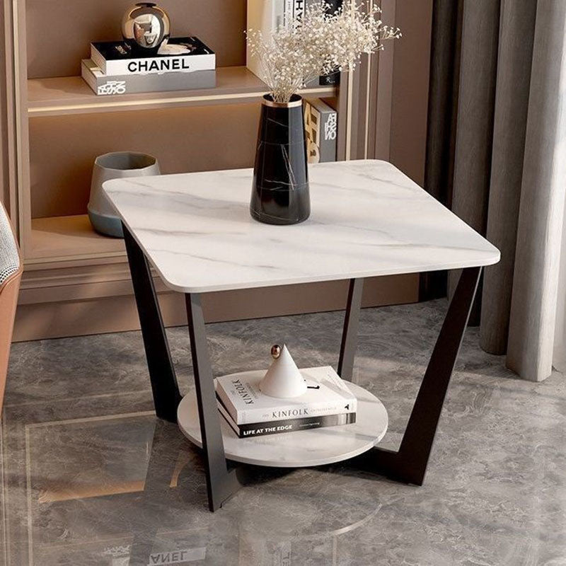 Contemporary Nordic Round Square Iron Rock Slab Side Table 2-Tier For Living Room