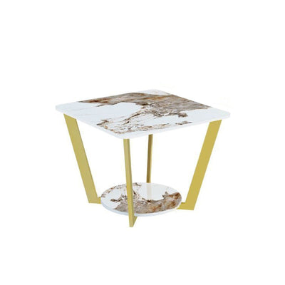 Contemporary Nordic Round Square Iron Rock Slab Side Table 2-Tier For Living Room