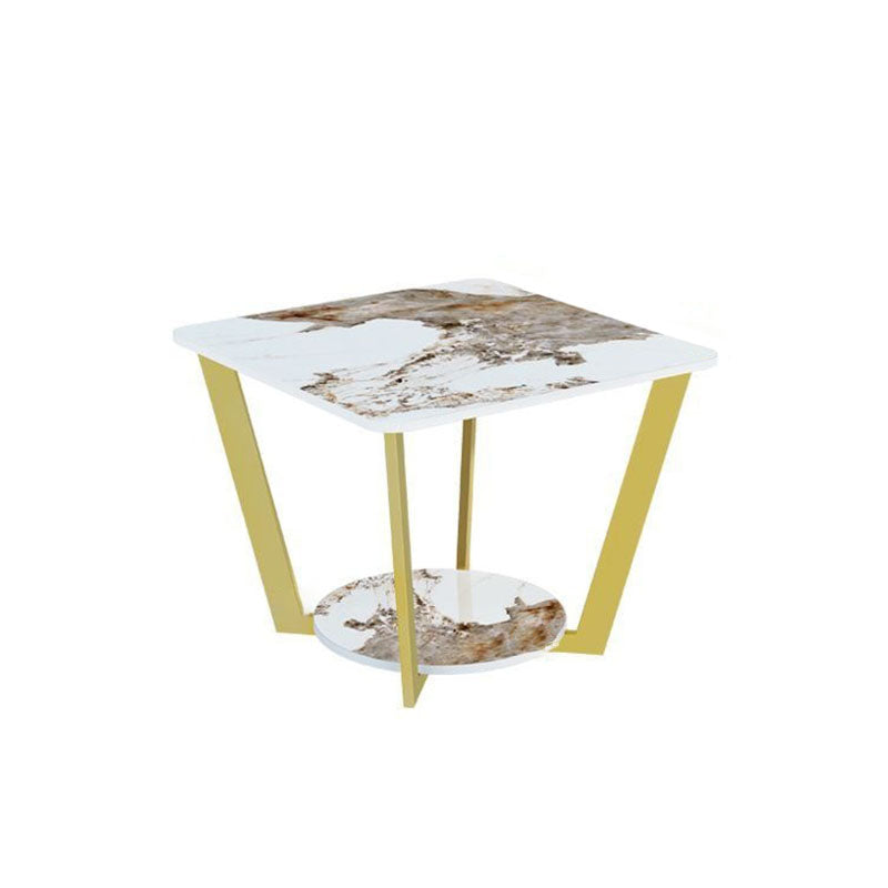 Contemporary Nordic Round Square Iron Rock Slab Side Table 2-Tier For Living Room