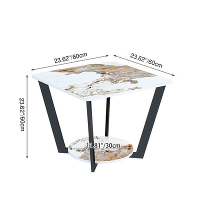 Contemporary Nordic Round Square Iron Rock Slab Side Table 2-Tier For Living Room