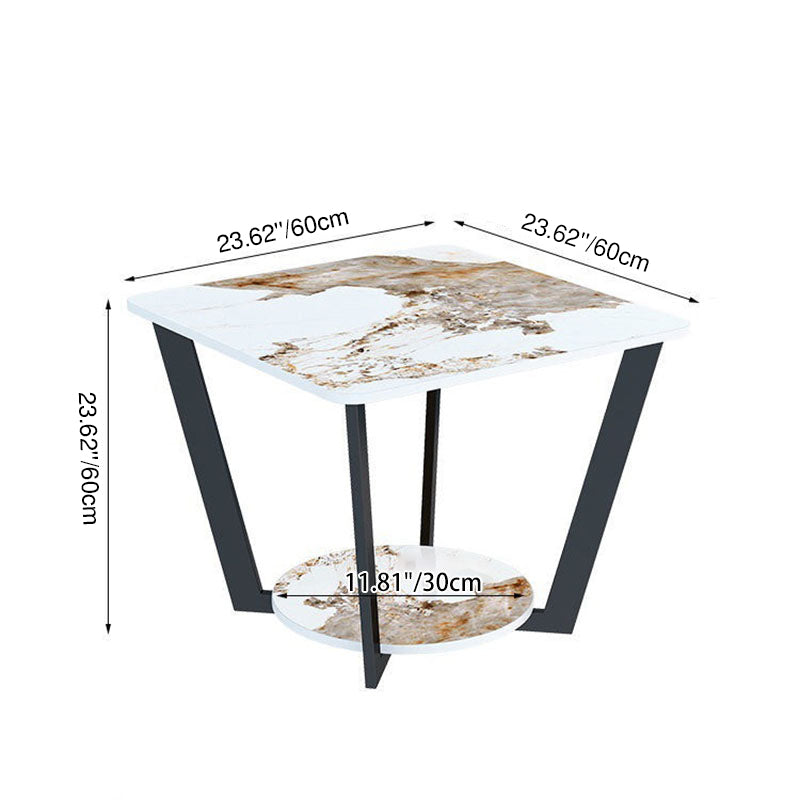 Contemporary Nordic Round Square Iron Rock Slab Side Table 2-Tier For Living Room