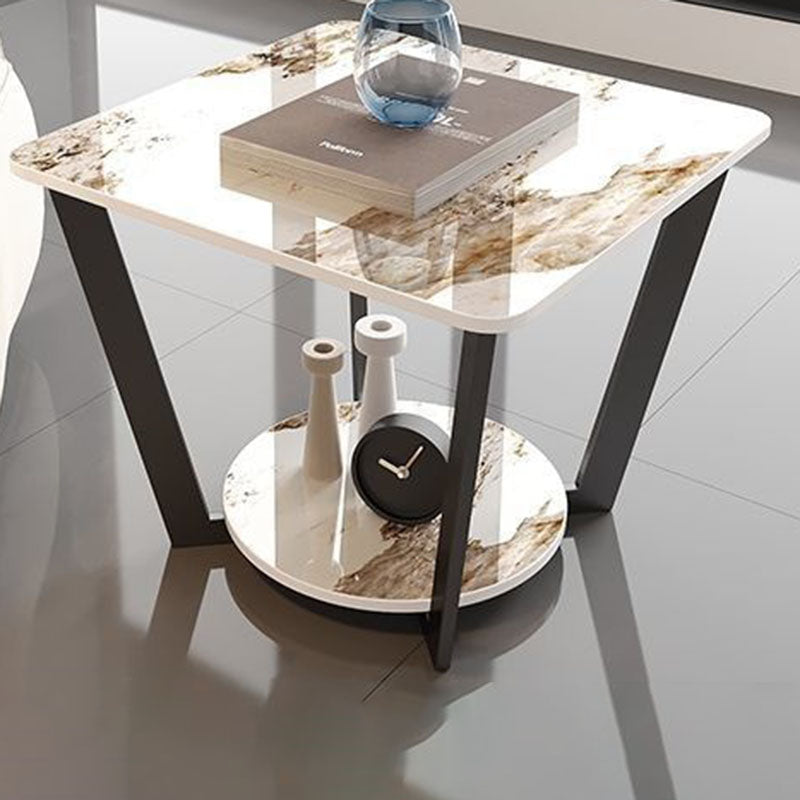 Contemporary Nordic Round Square Iron Rock Slab Side Table 2-Tier For Living Room